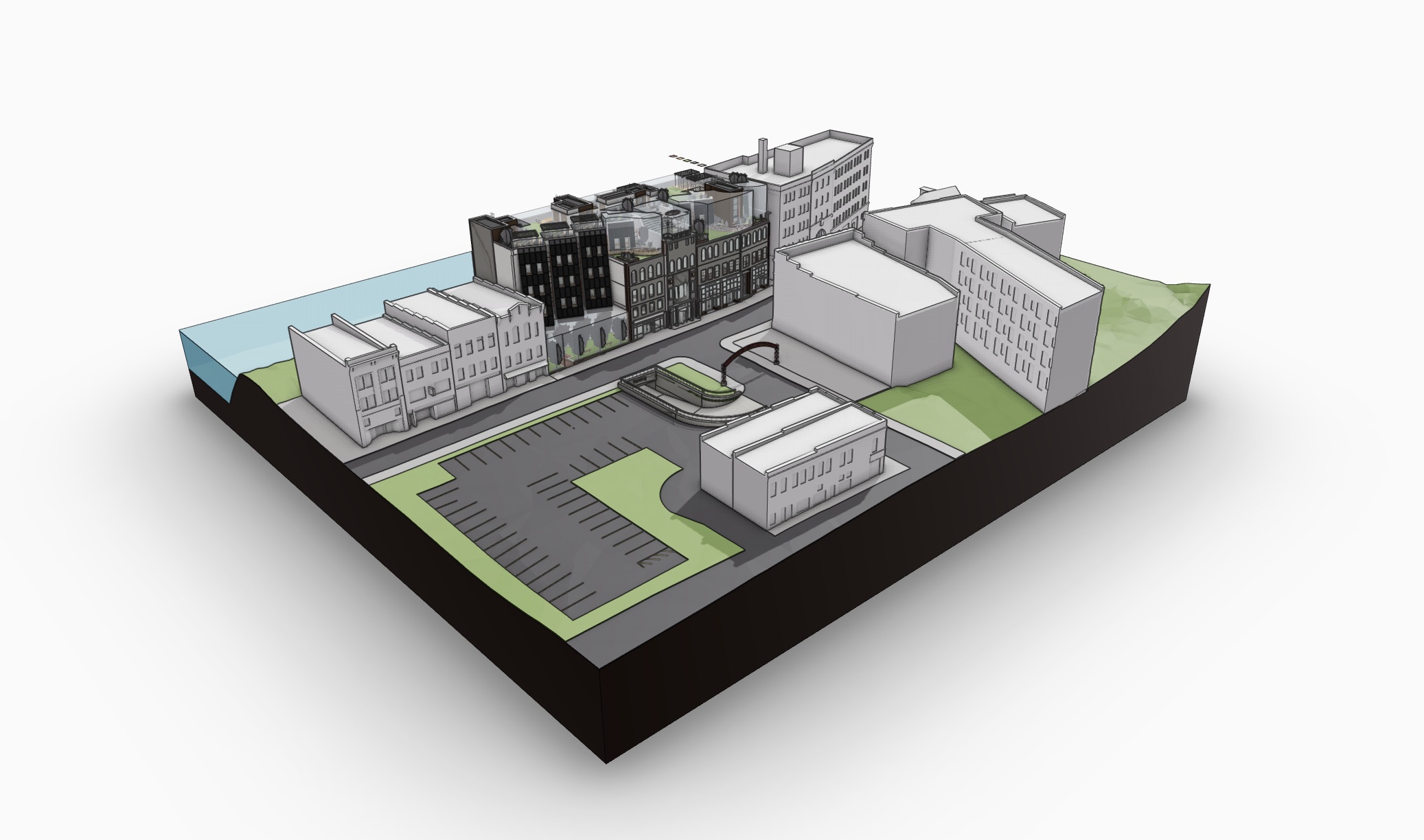 Axonometric 3D model of a residential block showing buildings, parking, walkways and green areas