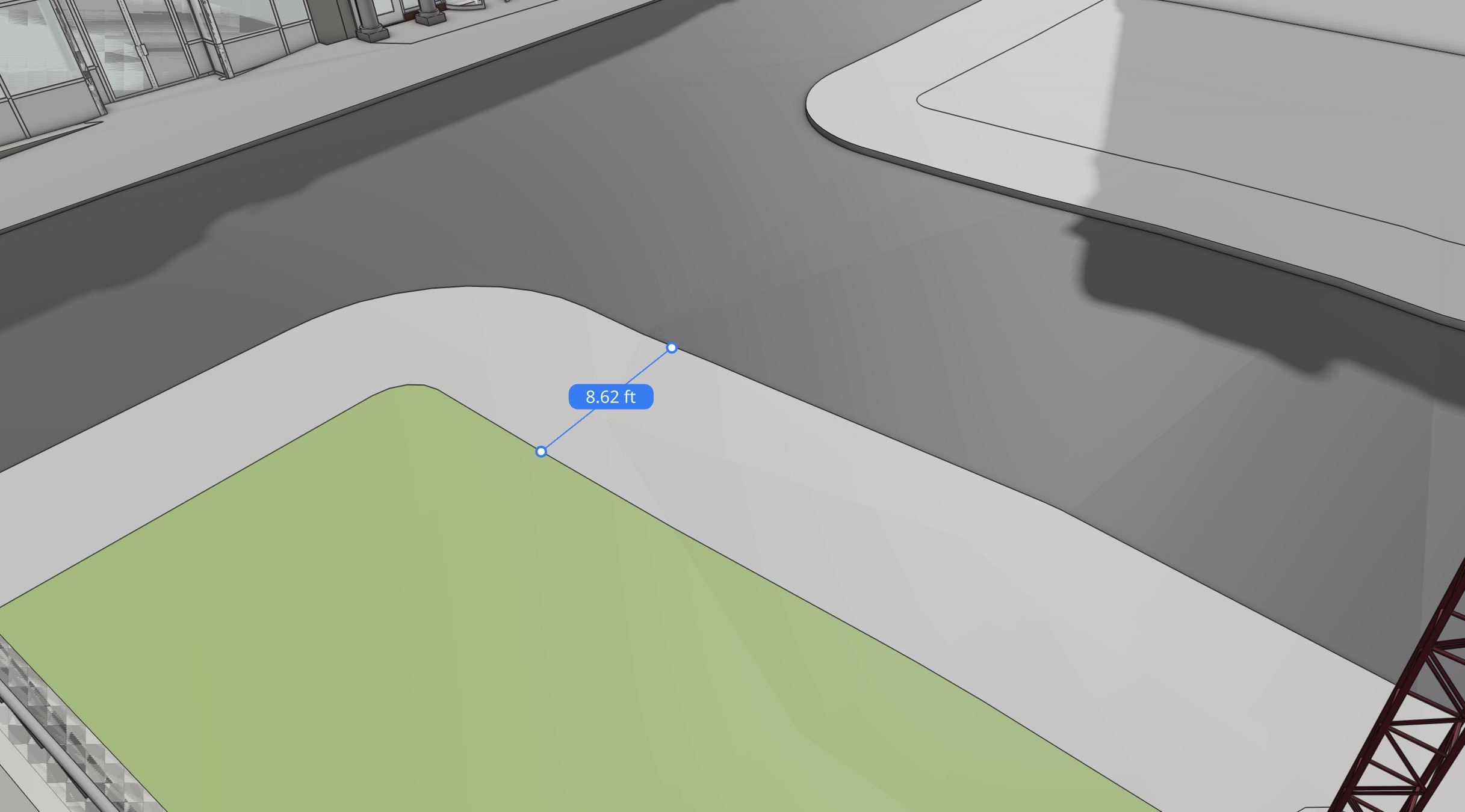 A measurement drawn between two points on a walkway in the 3D model, reading 8.62 feet